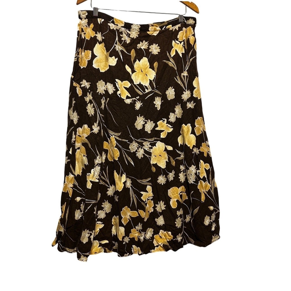 Cato Women Cottage Boho Floral Midi Skirt 14 Brown‎ Yellow Linen Blend A-Line